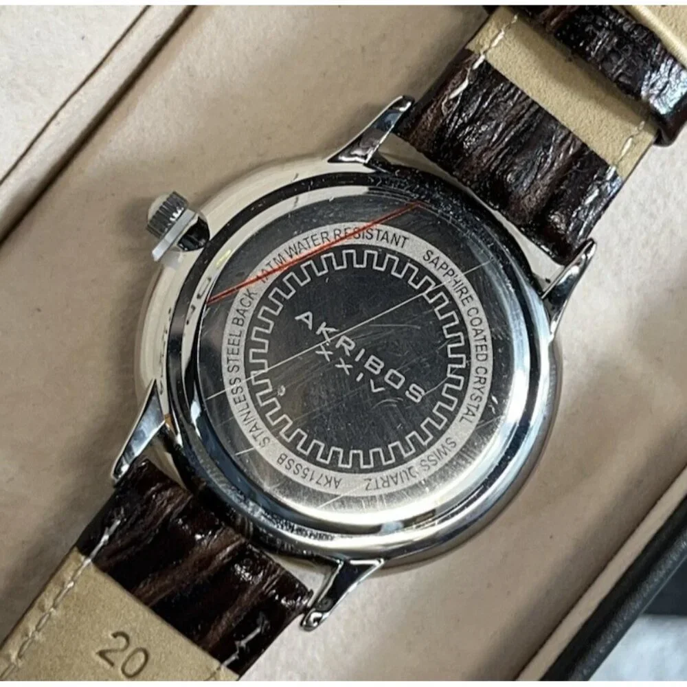 Akribos XXIV Men’s Retro Black Dial Watch w/ Date Window Leather Strap AK715SSB